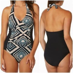 Leilani Women's Geometric skyline halter Surplice One Piece Swimsuit size 12